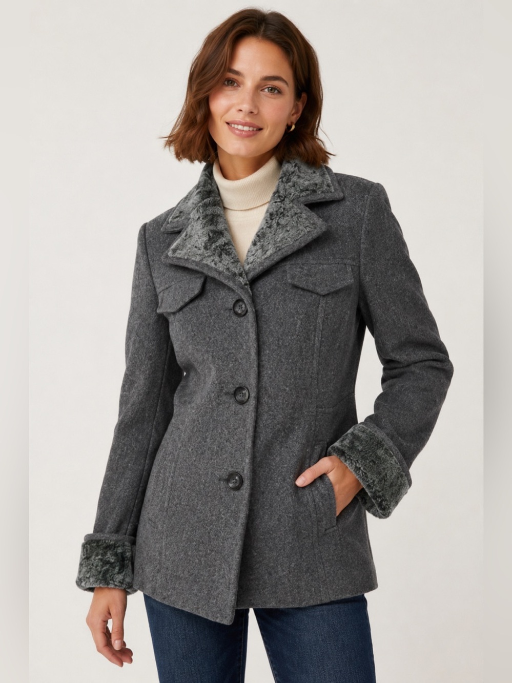 Vintage Esprit Grey Wool Coat With Faux Fur Lining and Collar Size M